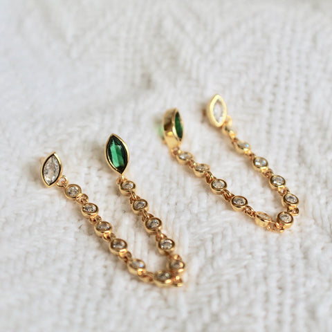 Green double post chain earrings
