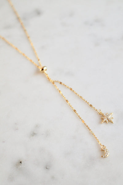 Moon and star lariat necklace