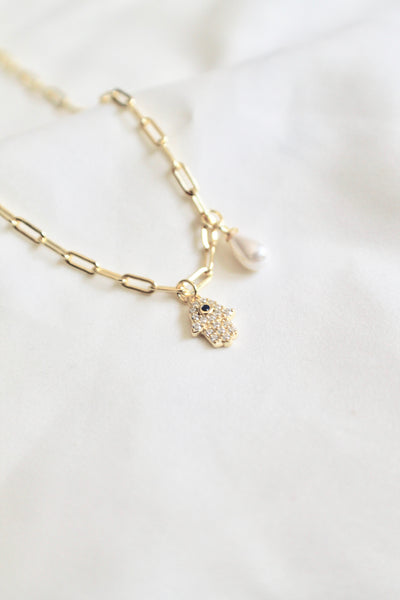 Hamsa pearl ankle bracelet