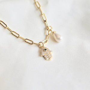 Hamsa pearl ankle bracelet