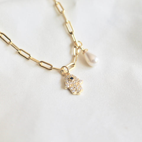 Hamsa pearl ankle bracelet