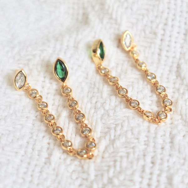 Green double post chain earrings