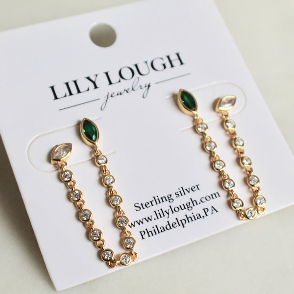 Green double post chain earrings