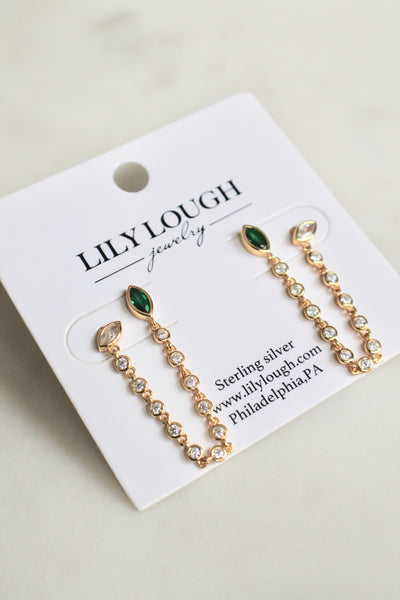 Green double post chain earrings