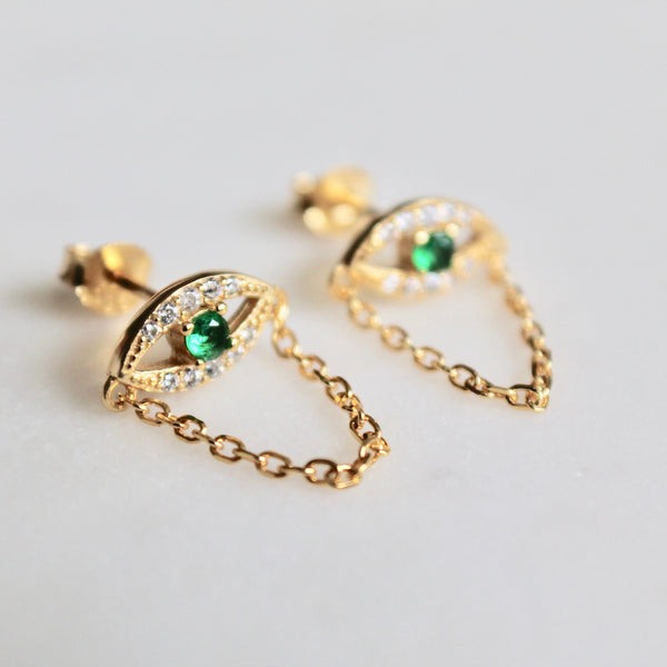 Green eye chain earrings