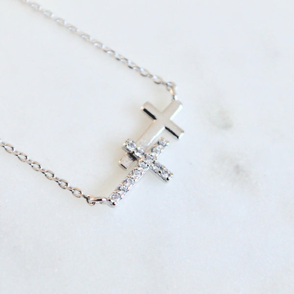 Two side crosses dainty necklace