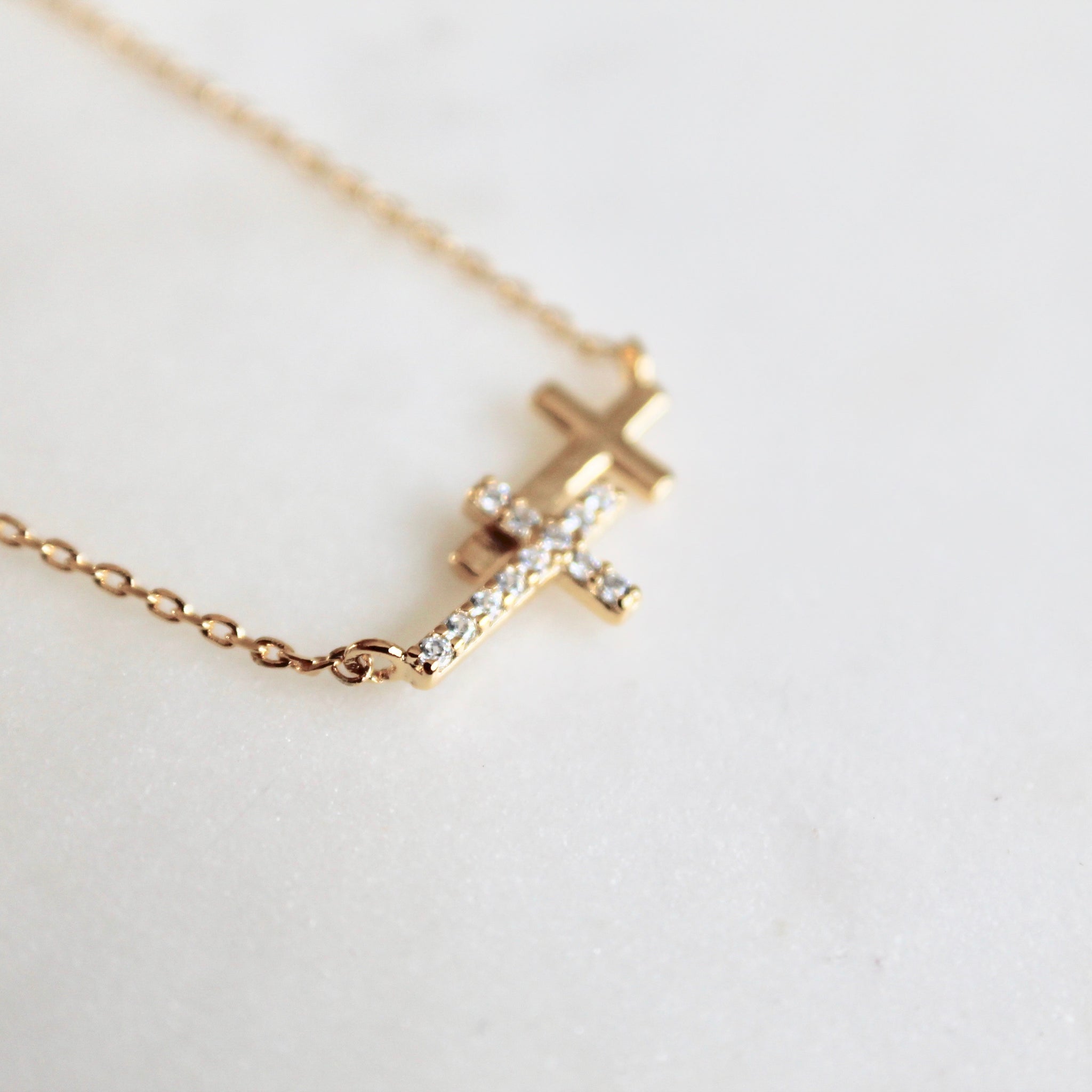 Two side crosses dainty necklace