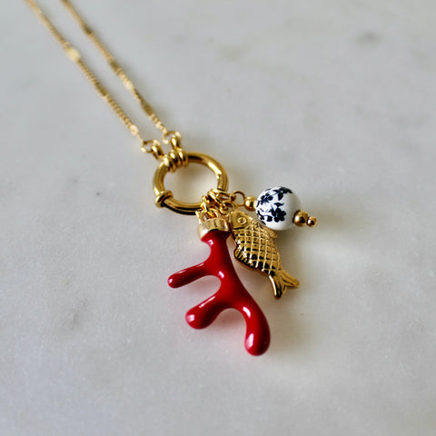 Red coral charm necklace