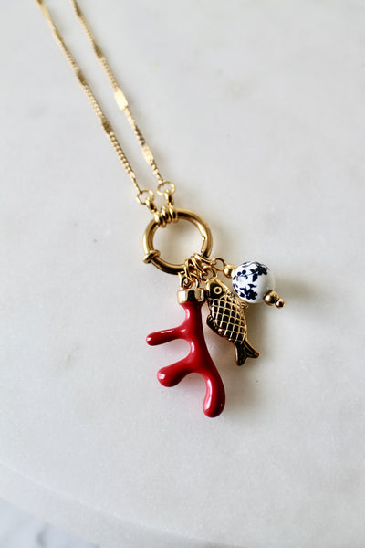 Red coral charm necklace