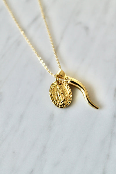 Italian horn and Madonna charms necklace