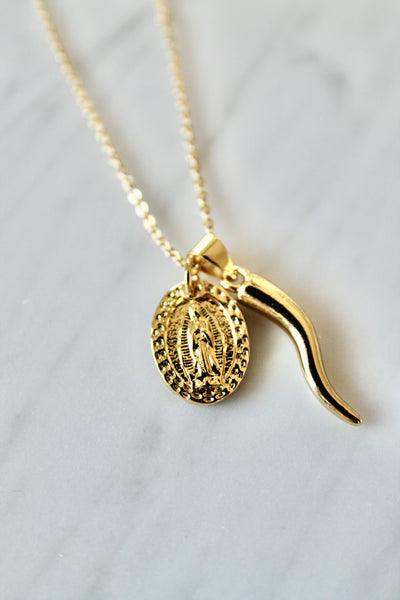Italian horn and Madonna charms necklace