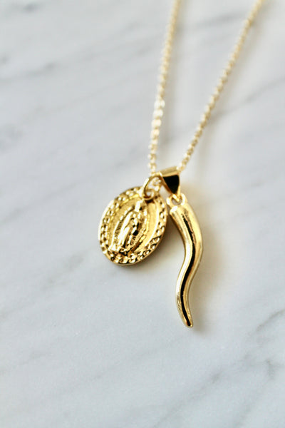 Italian horn and Madonna charms necklace