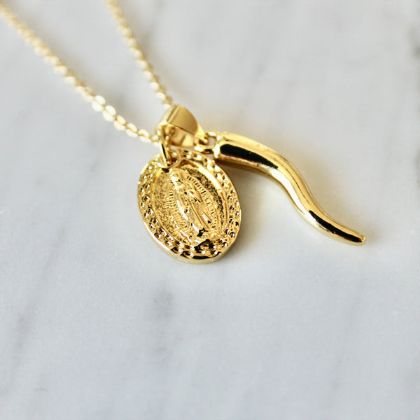Italian horn and Madonna charms necklace