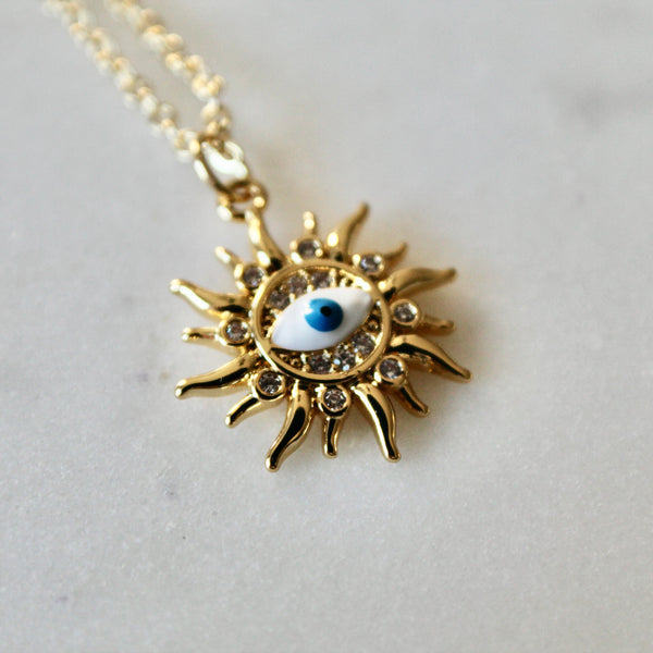 Pave evil eye sun necklace