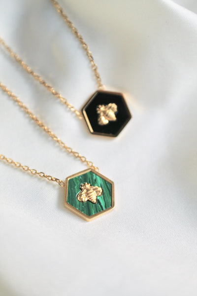 Hexagon bumble bee necklace