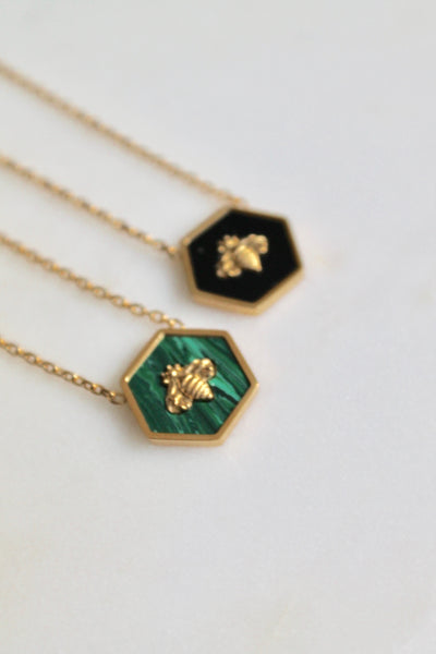 Hexagon bumble bee necklace