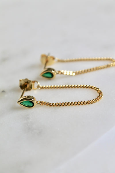 Green stone chain stud earrings