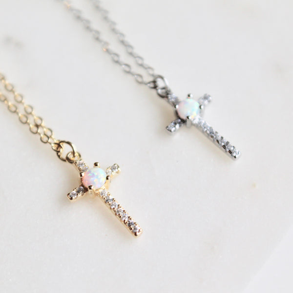 Opal cross dainty necklace